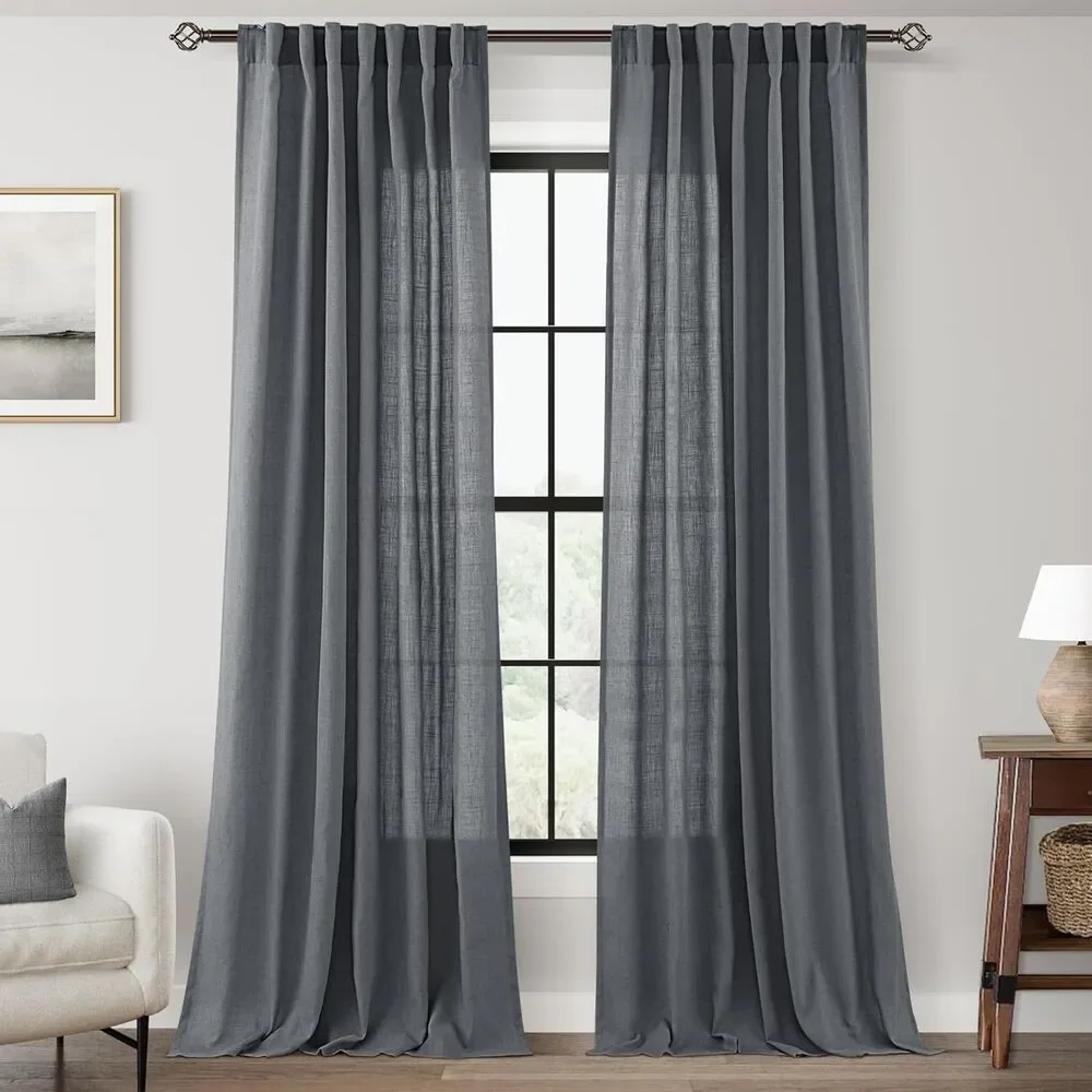 Dark Gray Curtains for Living Room Back Tab Modern Farmhouse Semi Sheer Gray ...